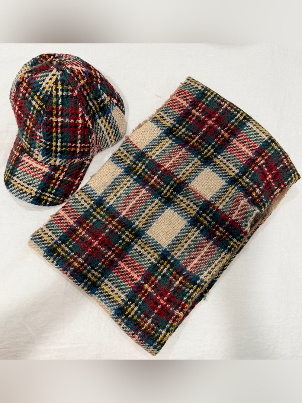 Plaid Flannel Handmade Scarf and Matching Cap - Red, Green, Cream, Blue